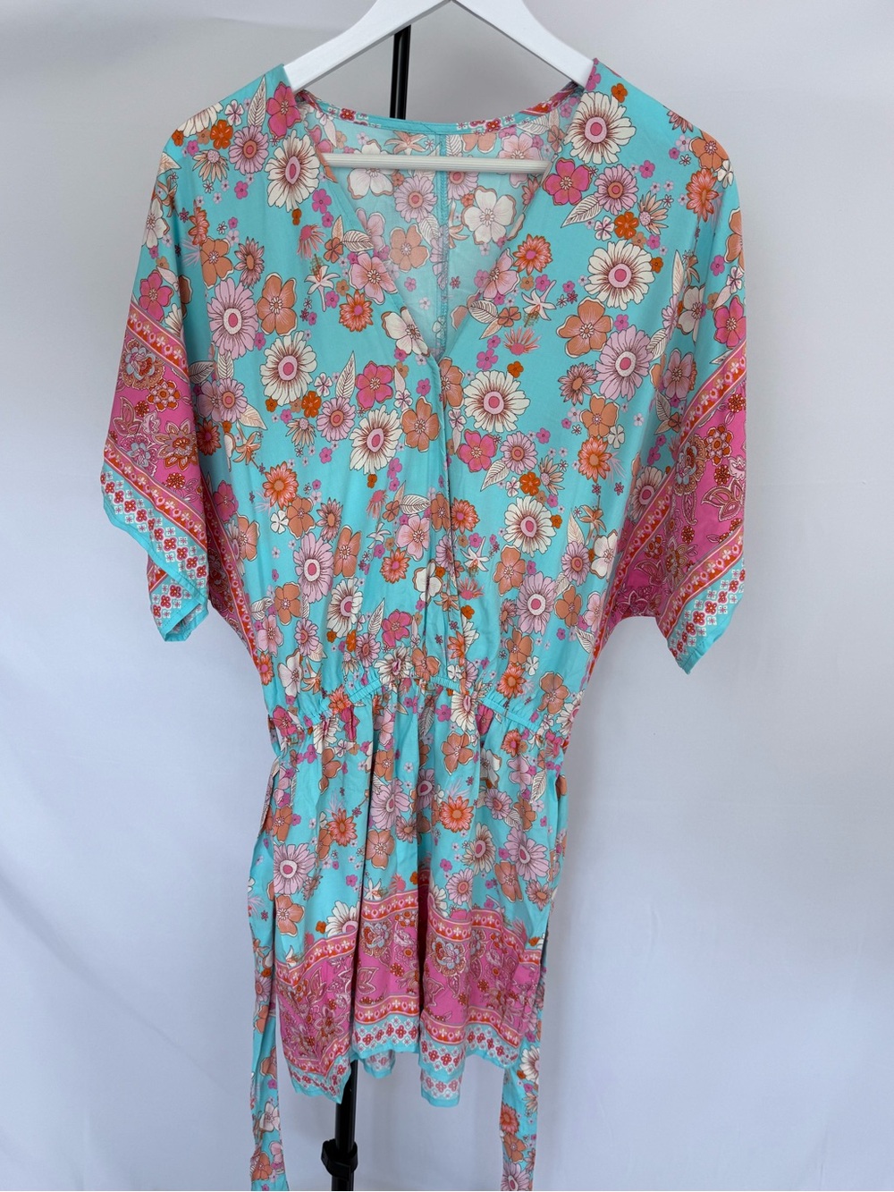 Floral Boho Tie-Waist romper in Turquoise and Pink